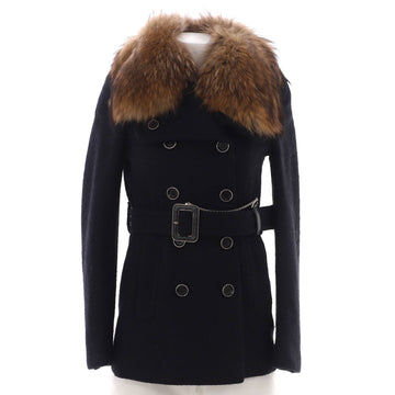 Gucci Women's Double Breasted Belted Chain Peacoat Wool with Fur