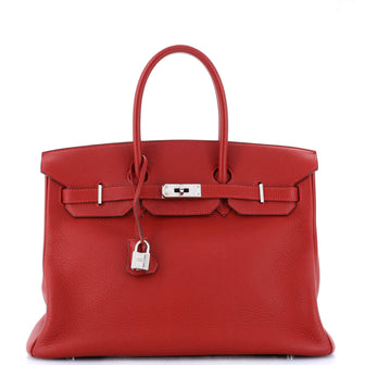 Hermes Birkin Handbag Red Clemence with Palladium Hardware 35