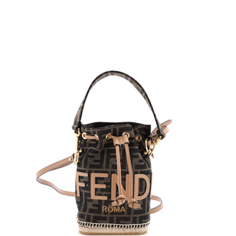 Fendi Logo Mon Tresor Bucket Bag Zucca Canvas with Raffia Mini