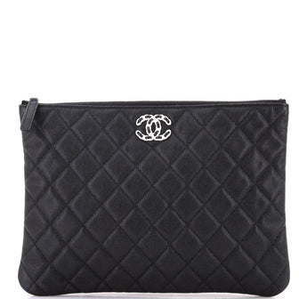 Chanel Woven Chain CC O Case Clutch Quilted Caviar Medium