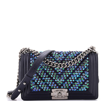 Chanel Boy Flap Bag Chevron Tweed and Rhinestones Old Medium