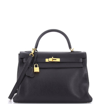 Hermes Kelly Handbag Black Clemence with Gold Hardware 32