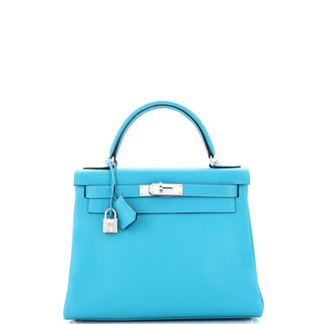 Hermes Kelly Handbag Blue Chevre Mysore with Palladium Hardware 28