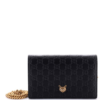 Gucci Crystal Cat Wallet on Chain Guccissima Leather