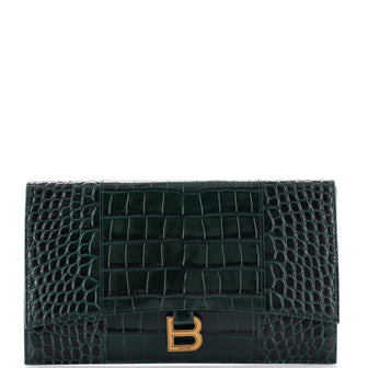 Balenciaga Hourglass Flap Flat Pouch Crocodile Embossed Leather