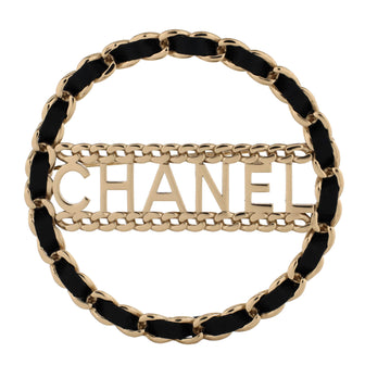 Chanel Logo Chain Link Round Brooch Metal with Leather