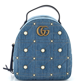 Gucci Pearly GG Marmont Backpack Embellished Matelasse Denim Small