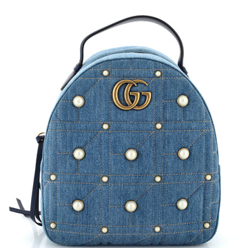 Gucci Pearly GG Marmont Backpack Embellished Matelasse Denim Small