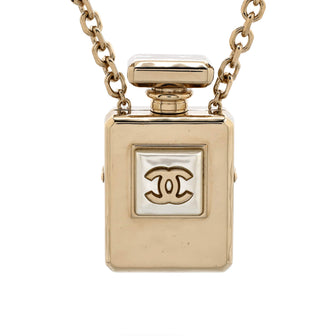Chanel CC Perfume Bottle Locket Pendant Necklace Metal with Faux Pearl