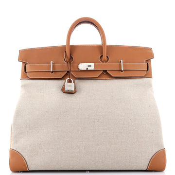 Hermes HAC Birkin Bag Toile and Brown Evercolor with Palladium Hardware 50