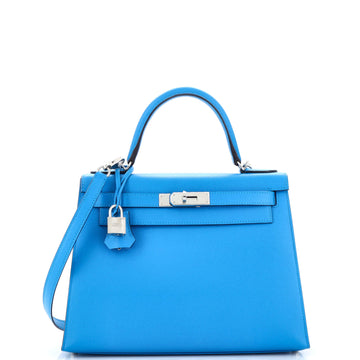 Hermes Kelly Handbag Blue Epsom with Palladium Hardware 28
