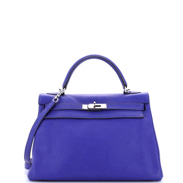 Hermes Kelly Handbag Blue Togo with Palladium Hardware 32