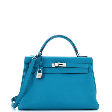 Hermes Kelly Handbag Blue Togo with Palladium Hardware 32