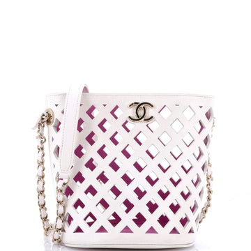 Chanel See Through Drawstring Bucket Bag Perforated Leather with Quilted Printed Canvas Small