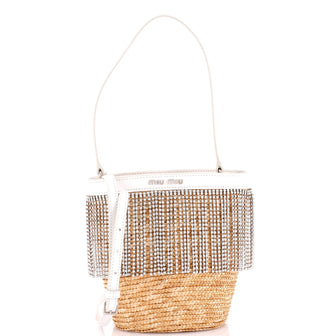 Miu Miu Fringe Bucket Bag Raffia with Crystals Small