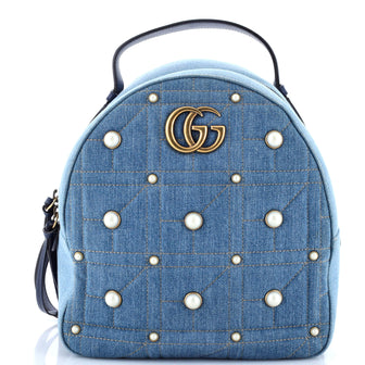 Gucci Pearly GG Marmont Backpack Embellished Matelasse Denim Small