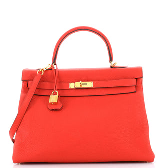 Hermes Kelly Handbag Red Clemence with Gold Hardware 35