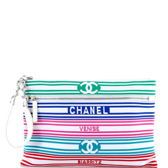 Chanel Venise Biarritz Zip Pouch Striped Canvas Large