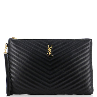 Saint Laurent Classic Monogram Wristlet Pouch Matelasse Chevron Leather Large