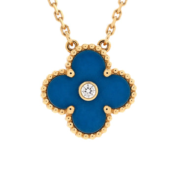 Van Cleef & Arpels Vintage Alhambra Pendant Necklace 18K Yellow Gold and Blue Sevres Porcelain with Diamond