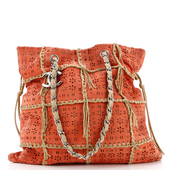 Chanel CC Drawstring Tote Fringe Laser Cut Leather Large