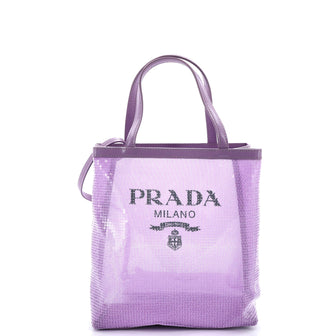 Prada Logo Open Tote Sequined Mesh Small