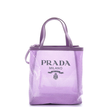 Prada Logo Open Tote Sequined Mesh Small