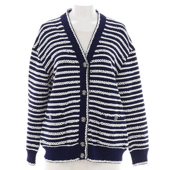 Chanel Women's Braid Striped V-Neck Cardigan Cotton Blend