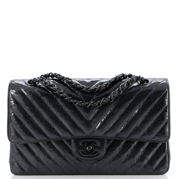Chanel So Black Classic Double Flap Bag Chevron Crinkled Patent Medium