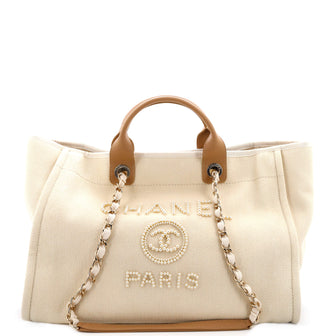 Chanel Deauville Tote Pearl Embellished Canvas Medium