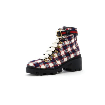 Gucci Women's Heeled Lace Up Combat Ankle Boots Tweed