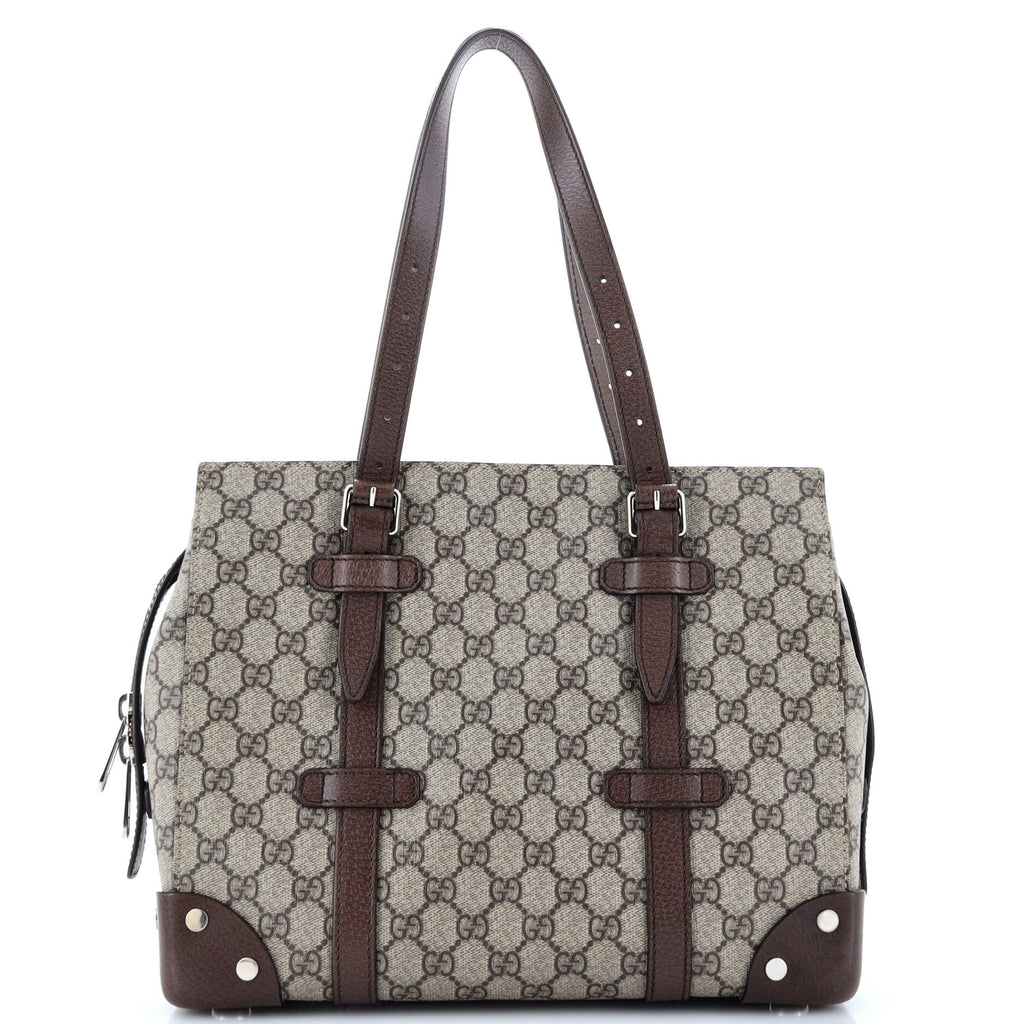 Gucci Buckle Travel Tote GG Coated Canvas with Leather Medium Brown 30216114