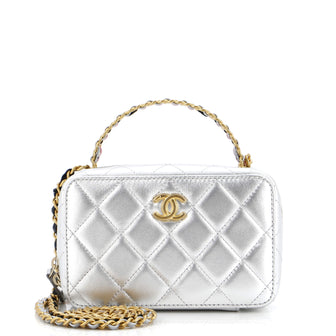 Chanel CC Woven Rainbow Chain Handle Zip Around Vanity Case Quilted Lambskin Mini
