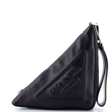 Prada Triangle Logo Wristlet Pouch Embossed Leather