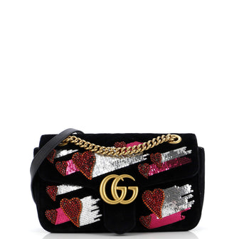 Gucci GG Marmont Flap Bag Embellished Matelasse Velvet Small