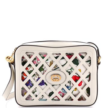 Gucci Traforata Flap Crossbody Bag Cutout Leather with Flora Canvas Medium