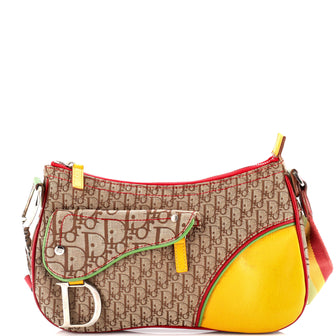 Christian Dior Vintage Rasta Saddle Messenger Bag Diorissimo Canvas Medium