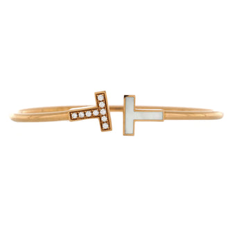 Tiffany & Co. T Wire Bracelet 18K Rose Gold with Diamonds and Mother Of Pearl