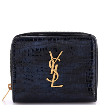 Saint Laurent Classic Monogram Zip Around Wallet Crocodile Embossed Leather Compact
