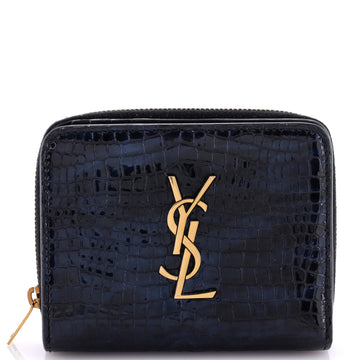Saint Laurent Classic Monogram Zip Around Wallet Crocodile Embossed Leather Compact