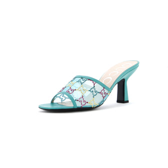 Gucci Women's Heeled Mule Sandals Crystal GG Embellished Mesh