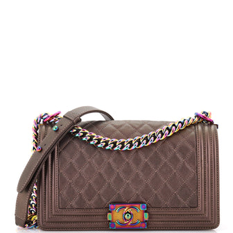 Chanel Boy Flap Bag Quilted Iridescent Goatskin Old Medium