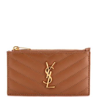 Saint Laurent Monogram Fragments Zip Card Holder Matelasse Chevron Leather