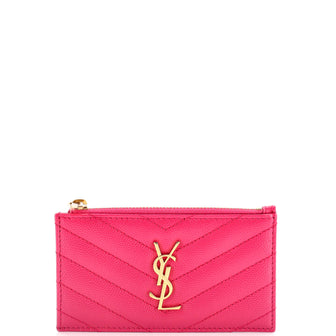 Saint Laurent Monogram Fragments Zip Card Holder Matelasse Chevron Leather