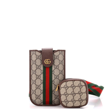 Gucci Ophidia Flap Phone Holder Crossbody Bag GG Coated Canvas