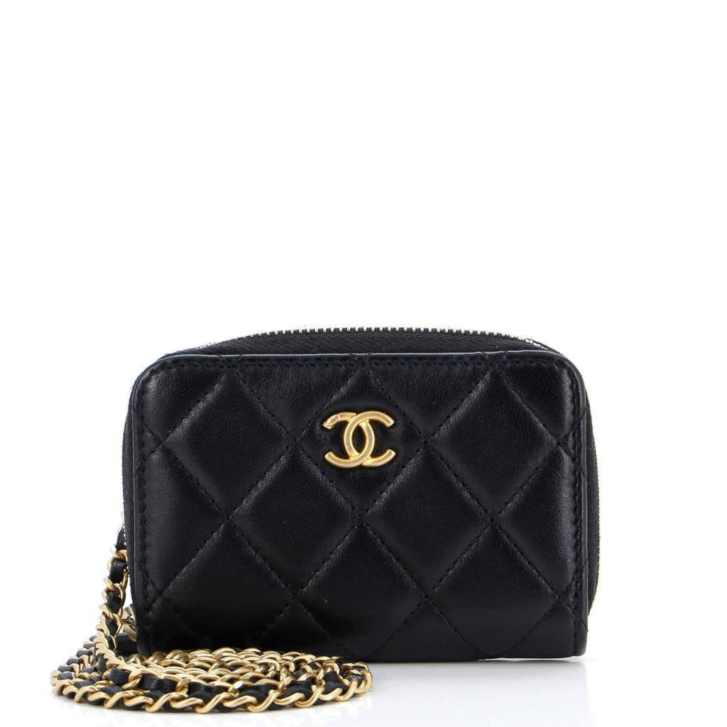 Chanel Pearl Crush Zip Around Card Holder on Chain Quilted