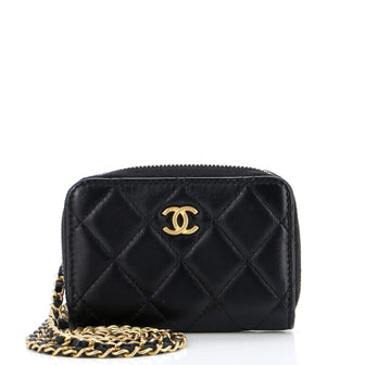 Chanel Pearl Crush Zip Around Card Holder on Chain Quilted Lambskin