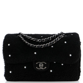 Chanel CC Chain Flap Bag Pearl Embellished Shearling Medium
