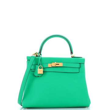 Hermes Kelly Handbag Green Evercolor with Gold Hardware 28
