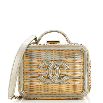Chanel Filigree Vanity Case Rattan with Calfskin Small